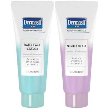 Dermasil Face Moisturizer Variety 2-Pack – Daily Face Cream with Witch Hazel and Rose Water + Night Cream with Vitamin C and Squalane, 2 Oz Each