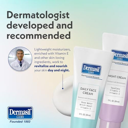 Dermasil Face Moisturizer Variety 2-Pack – Daily Face Cream with Witch Hazel and Rose Water + Night Cream with Vitamin C and Squalane, 2 Oz Each