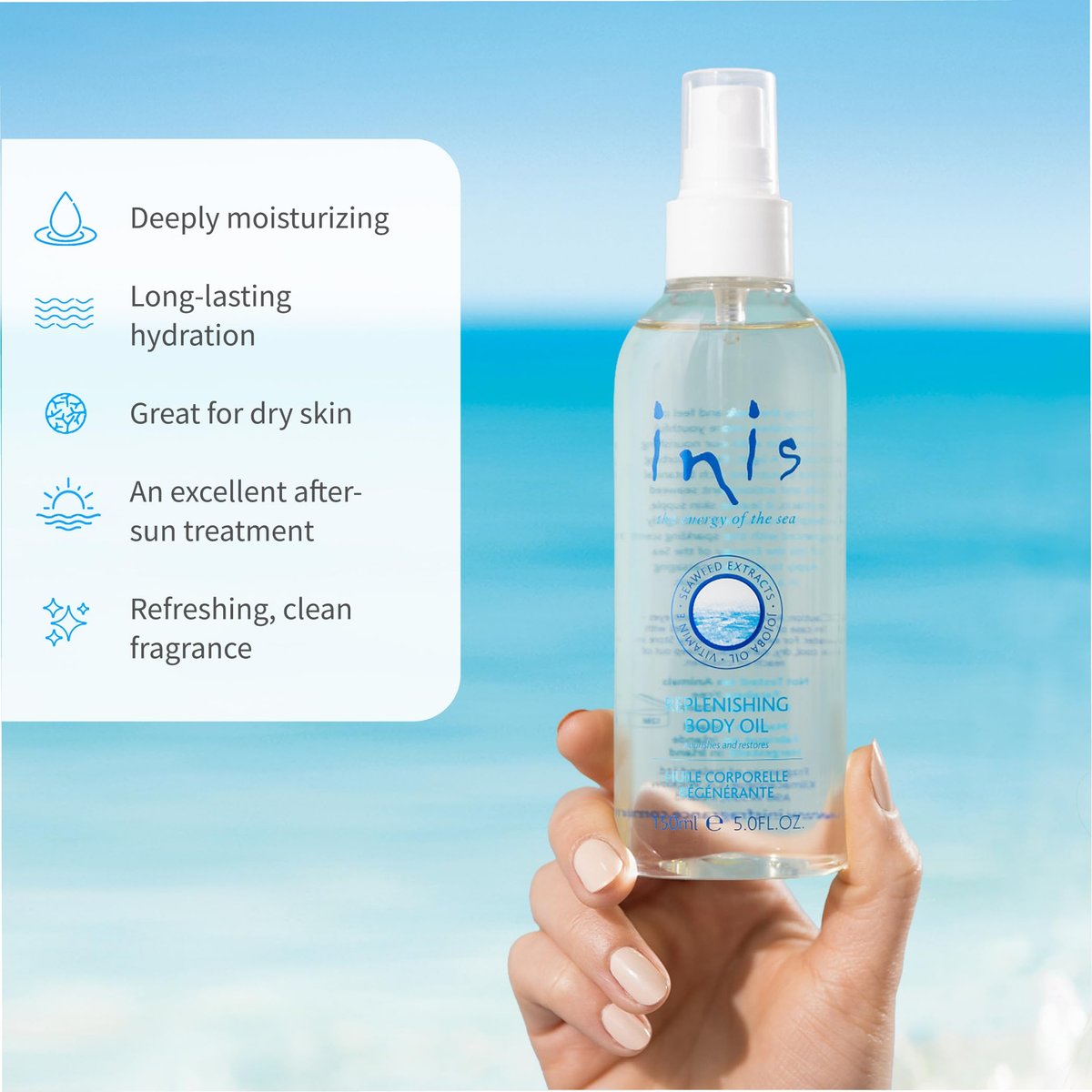 Inis the Energy of the Sea Replenishing Body Oil Spray – Fast-Absorbing Jojoba & Seaweed Moisturizer with Vitamin E, 5 fl oz Avelisse