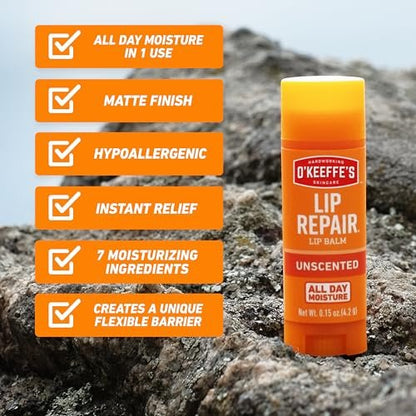 O'Keeffe's Lip Repair Unscented Lip Balm for Dry, Cracked Lips - Stick (3 Pack) - Moisturizer for Very Dry Lips
