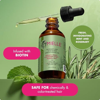 Mielle Organics Rosemary & Mint Strengthening Hair Oil – Biotin-Infused Treatment for Dry Scalp, Split Ends, and Frizzy Hair, Promotes Longer, Healthier Strands (2 oz)