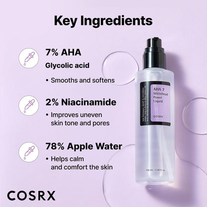 COSRX 7% Glycolic Acid Whitehead Removing Power Liquid – AHA Exfoliating Toner for Face & Body, Pore Minimizer, Korean Skin Care