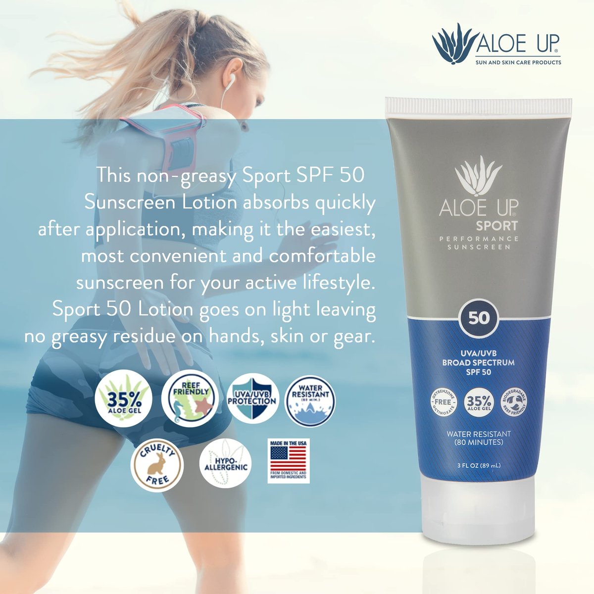 Aloe Up Sport Sunscreen Body Lotion SPF 50 – Broad Spectrum Sunblock with Aloe Vera – Non-Greasy, No White Cast, Reef Friendly, Water Resistant 80 Minutes, Fragrance-Free, 3 oz - görsel 13
