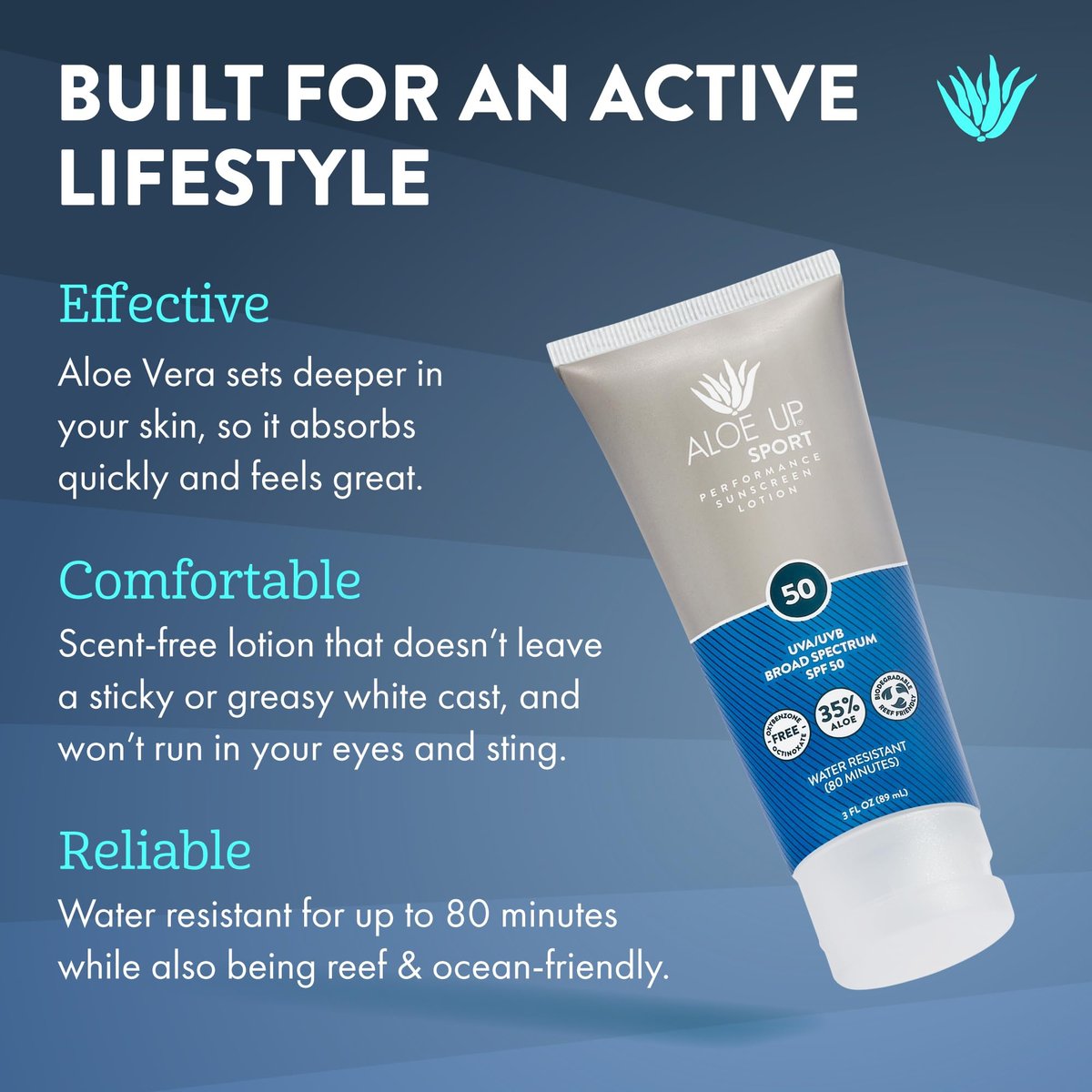 Aloe Up Sport Sunscreen Body Lotion SPF 50 – Broad Spectrum Sunblock with Aloe Vera – Non-Greasy, No White Cast, Reef Friendly, Water Resistant 80 Minutes, Fragrance-Free, 3 oz - görsel 3