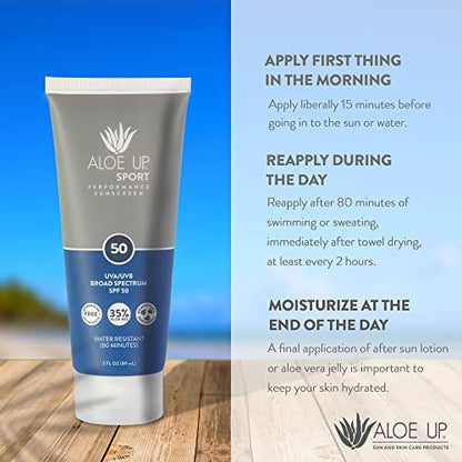 Aloe Up Sport Sunscreen Body Lotion SPF 50 – Broad Spectrum Sunblock with Aloe Vera – Non-Greasy, No White Cast, Reef Friendly, Water Resistant 80 Minutes, Fragrance-Free, 3 oz
