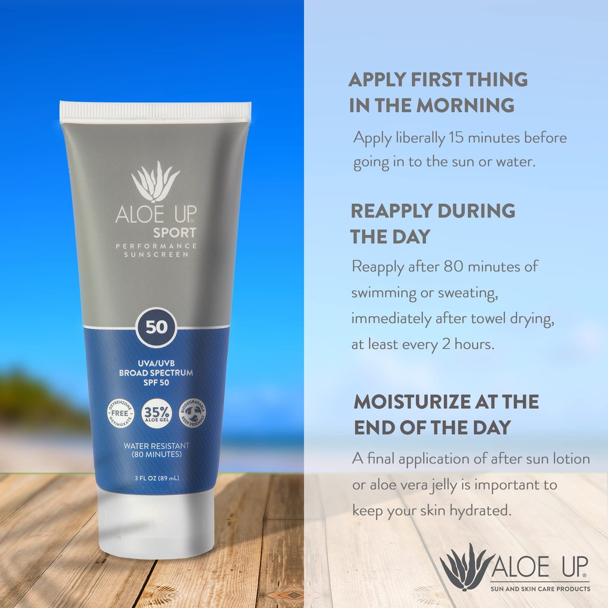 Aloe Up Sport Sunscreen Body Lotion SPF 50 – Broad Spectrum Sunblock with Aloe Vera – Non-Greasy, No White Cast, Reef Friendly, Water Resistant 80 Minutes, Fragrance-Free, 3 oz - görsel 11