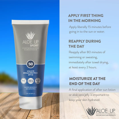 Aloe Up Sport Sunscreen Body Lotion SPF 50 – Broad Spectrum Sunblock with Aloe Vera – Non-Greasy, No White Cast, Reef Friendly, Water Resistant 80 Minutes, Fragrance-Free, 3 oz