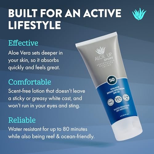 Aloe Up Sport Sunscreen Lotion SPF 50 – Broad Spectrum UVA/UVB Sunscreen for Face and Body, Hydrating Aloe Vera, Non-Greasy, No White Cast, Reef Safe, Fragrance-Free, 6 Oz Avelisse