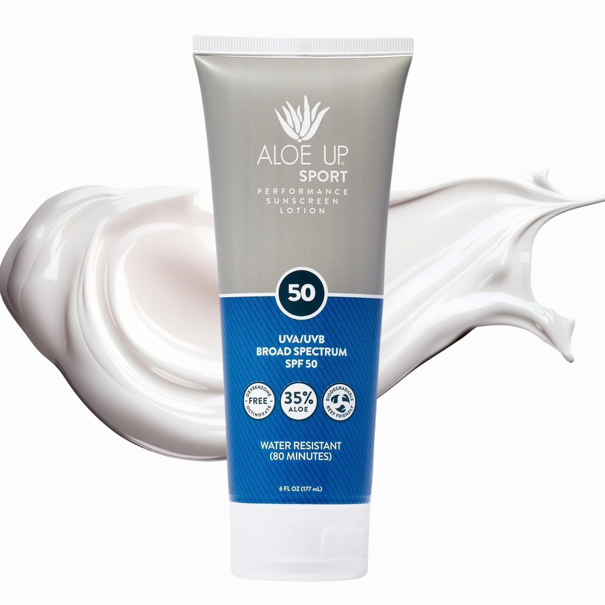 Aloe Up Sport Sunscreen Lotion SPF 50 – Broad Spectrum UVA/UVB Sunscreen for Face and Body, Hydrating Aloe Vera, Non-Greasy, No White Cast, Reef Safe, Fragrance-Free, 6 Oz Avelisse