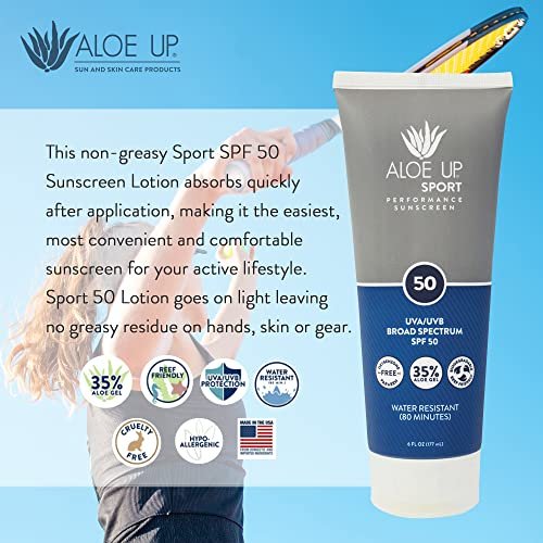 Aloe Up Sport Sunscreen Lotion SPF 50 – Broad Spectrum UVA/UVB Sunscreen for Face and Body, Hydrating Aloe Vera, Non-Greasy, No White Cast, Reef Safe, Fragrance-Free, 6 Oz Avelisse