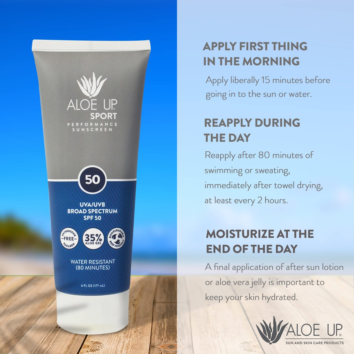 Aloe Up Sport Sunscreen Lotion SPF 50 – Broad Spectrum UVA/UVB Sunscreen for Face and Body, Hydrating Aloe Vera, Non-Greasy, No White Cast, Reef Safe, Fragrance-Free, 6 Oz Avelisse