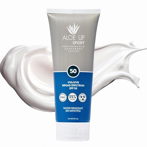 Aloe Up Sport Sunscreen Lotion SPF 50 – Broad Spectrum UVA/UVB Sunscreen for Face and Body, Hydrating Aloe Vera, Non-Greasy, No White Cast, Reef Safe, Fragrance-Free, 6 Oz Avelisse