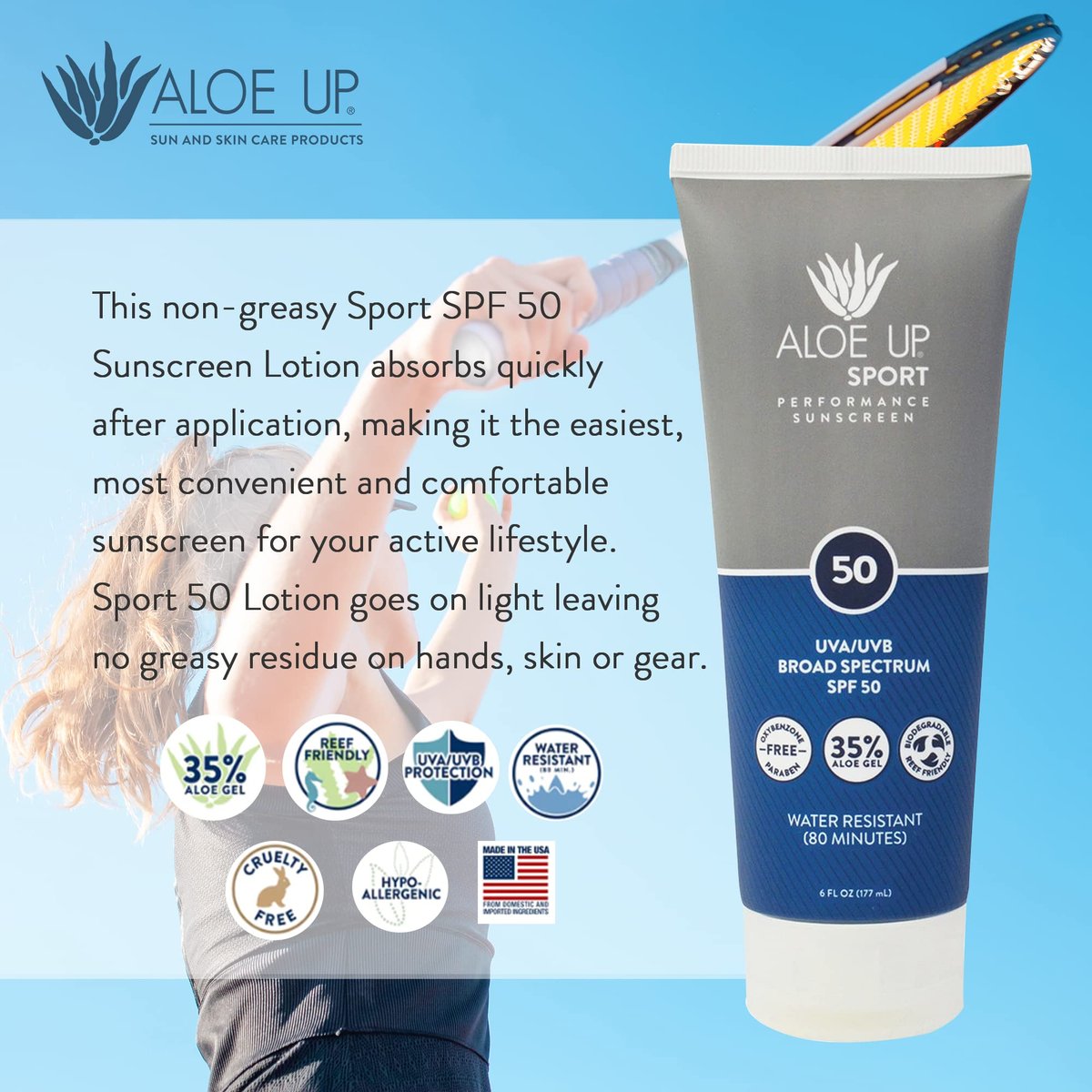 Aloe Up Sport Sunscreen Lotion SPF 50 – Broad Spectrum UVA/UVB Sunscreen for Face and Body, Hydrating Aloe Vera, Non-Greasy, No White Cast, Reef Safe, Fragrance-Free, 6 Oz Avelisse