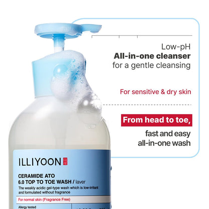 Illiyoon Ceramide Ato 6.0 Top to Toe Wash – Mild 3-in-1 Baby Body Wash, Shampoo & Conditioner, 16.9 Fl Oz (500ml) Avelisse