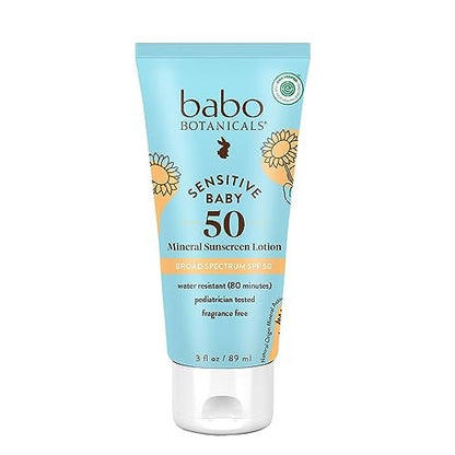 Babo Botanicals Sensitive Baby Mineral Sunscreen Lotion SPF 50 - Natural Zinc Oxide - Fragrance-Free, Water-Resistant, EWG Verified, Vegan - For Babies & Kids - 3 Fl Oz