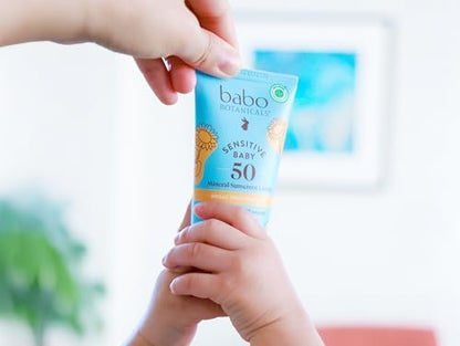 Babo Botanicals Sensitive Baby Mineral Sunscreen Lotion SPF 50 - Natural Zinc Oxide - Fragrance-Free, Water-Resistant, EWG Verified, Vegan - For Babies & Kids - 3 Fl Oz