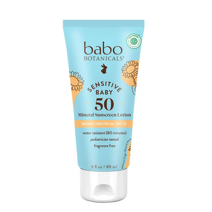 Babo Botanicals Sensitive Baby Mineral Sunscreen Lotion SPF 50 - Natural Zinc Oxide - Fragrance-Free, Water-Resistant, EWG Verified, Vegan - For Babies & Kids - 3 Fl Oz