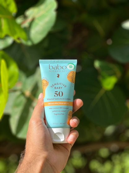 Babo Botanicals Sensitive Baby Mineral Sunscreen Lotion SPF 50 - Natural Zinc Oxide - Fragrance-Free, Water-Resistant, EWG Verified, Vegan - For Babies & Kids - 3 Fl Oz