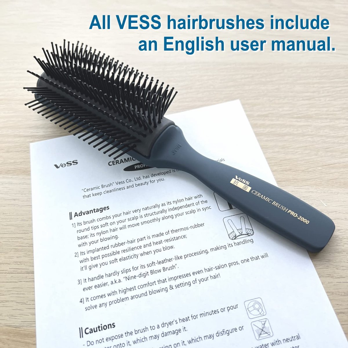 VESS Professional Hair Blow Brush Pro-2000 Ceramic 9 Rows Wide Type - Made in Japan (Blue) Avelisse