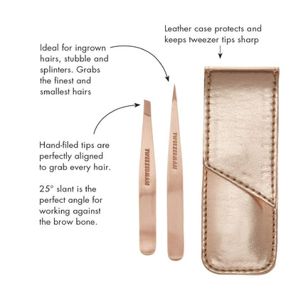 Tweezerman Rose Gold Petite Point and Slant Tweezer Set with Travel Case - Precision Eyebrow Tweezers for Women and Men Avelisse