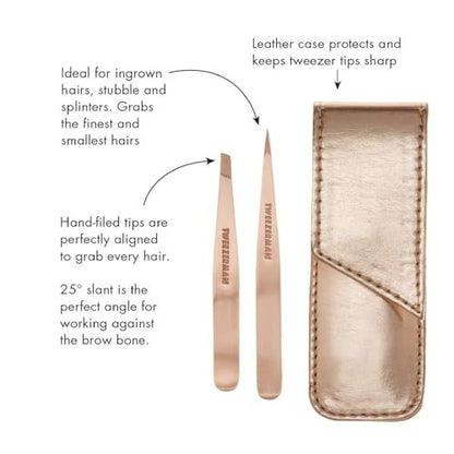 Tweezerman Rose Gold Petite Point and Slant Tweezer Set with Travel Case - Precision Eyebrow Tweezers for Women and Men Avelisse