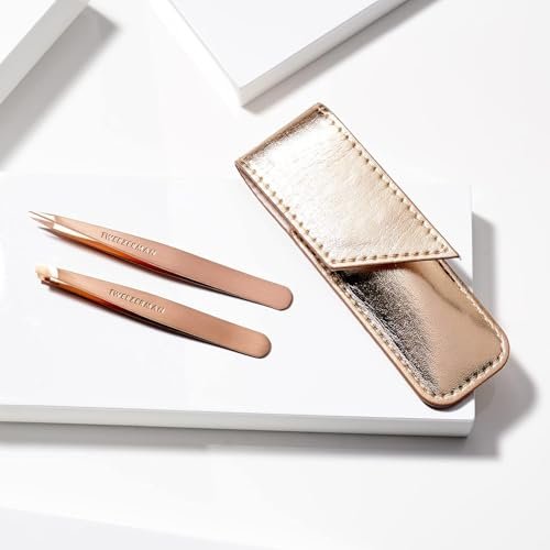 Tweezerman Rose Gold Petite Point and Slant Tweezer Set with Travel Case - Precision Eyebrow Tweezers for Women and Men Avelisse