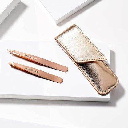 Tweezerman Rose Gold Petite Point and Slant Tweezer Set with Travel Case - Precision Eyebrow Tweezers for Women and Men Avelisse