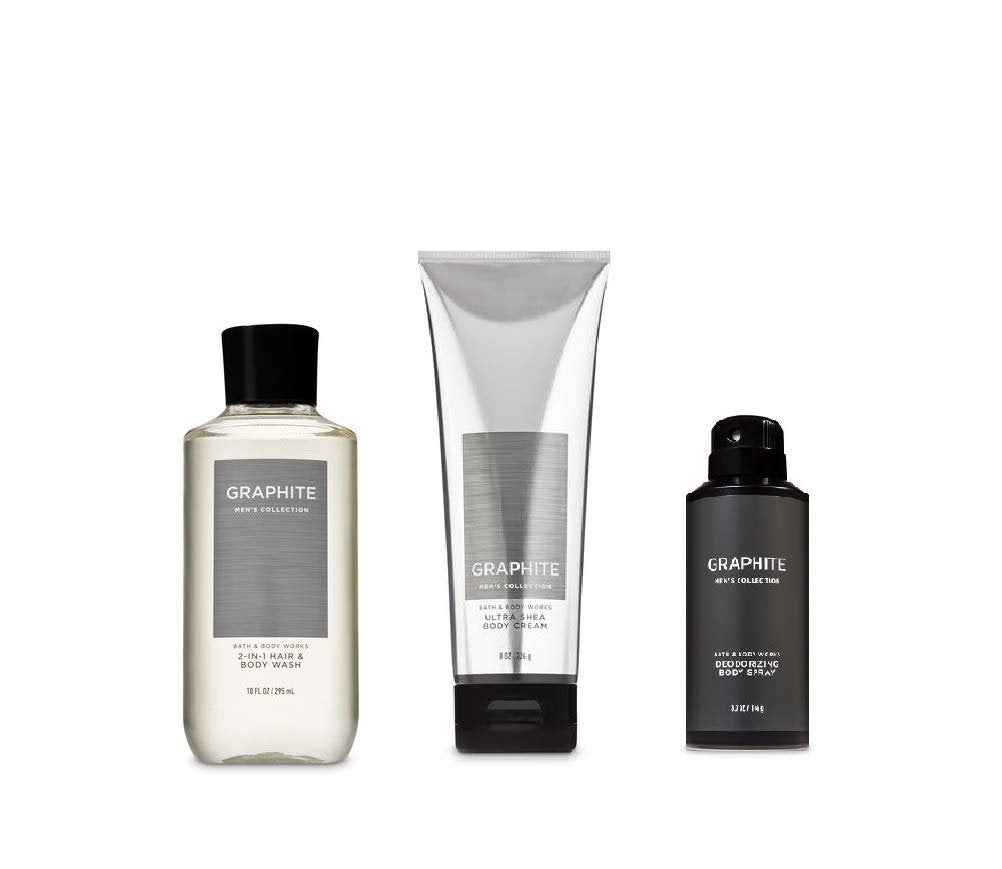 Bath and Body Works Graphite 2-in-1 Hair + Body Wash, Ultra Shea Body Cream & Deodorizing Body Spray Set (2019 Edition) Avelisse