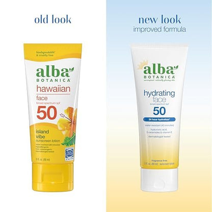 Alba Botanica Hydrating Face Sunscreen Lotion SPF 50 - Broad Spectrum, Fragrance Free, Oxybenzone-Free, 3 oz Avelisse