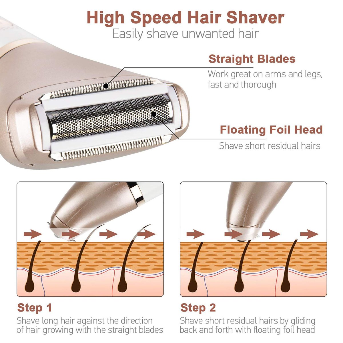 ElectriBrite Electric Razor for Women - Painless 2-in-1 Women Shaver Hair Remover for Face, Legs and Underarm, Portable Waterproof Bikini Trimmer Wet and Dry Cordless Lady Hair Removal - Micro USB Recharge (Gold) Avelisse