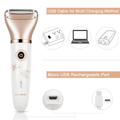 ElectriBrite Electric Razor for Women - Painless 2-in-1 Women Shaver Hair Remover for Face, Legs and Underarm, Portable Waterproof Bikini Trimmer Wet and Dry Cordless Lady Hair Removal - Micro USB Recharge (Gold) Avelisse