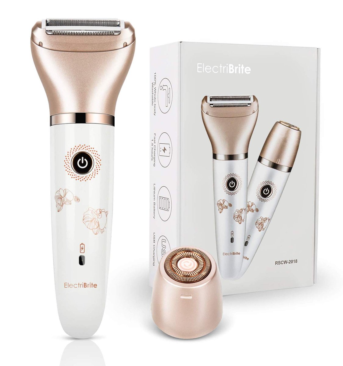 ElectriBrite Electric Razor for Women - Painless 2-in-1 Women Shaver Hair Remover for Face, Legs and Underarm, Portable Waterproof Bikini Trimmer Wet and Dry Cordless Lady Hair Removal - Micro USB Recharge (Gold) Avelisse