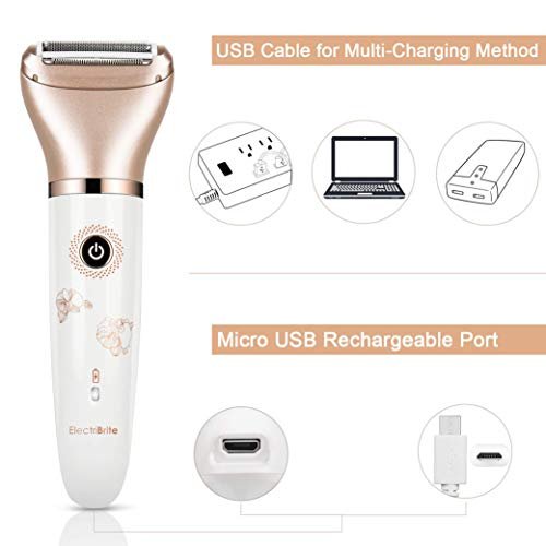ElectriBrite Electric Razor for Women - Painless 2-in-1 Women Shaver Hair Remover for Face, Legs and Underarm, Portable Waterproof Bikini Trimmer Wet and Dry Cordless Lady Hair Removal - Micro USB Recharge (Gold) Avelisse