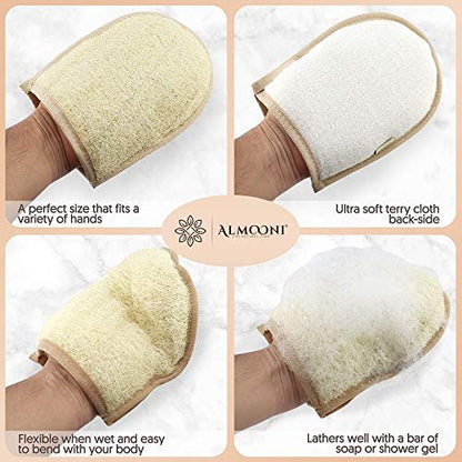 Almooni Egyptian Loofah Gloves for Women & Men – Real Natural Egyptian Loofah Mittens with Terry Cloth, Premium Exfoliating Mitt for Body Cleansing, 2-Pack Avelisse