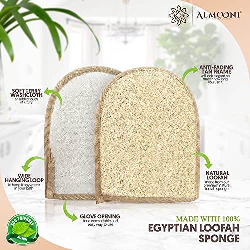 Almooni Egyptian Loofah Gloves for Women & Men – Real Natural Egyptian Loofah Mittens with Terry Cloth, Premium Exfoliating Mitt for Body Cleansing, 2-Pack Avelisse