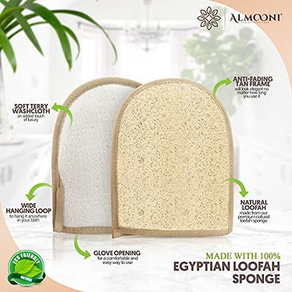 Almooni Egyptian Loofah Gloves for Women & Men – Real Natural Egyptian Loofah Mittens with Terry Cloth, Premium Exfoliating Mitt for Body Cleansing, 2-Pack Avelisse
