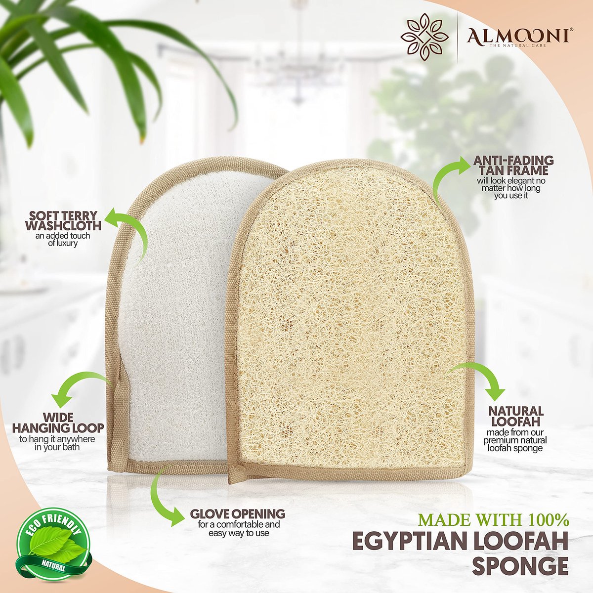 Almooni Egyptian Loofah Gloves for Women & Men – Real Natural Egyptian Loofah Mittens with Terry Cloth, Premium Exfoliating Mitt for Body Cleansing, 2-Pack Avelisse
