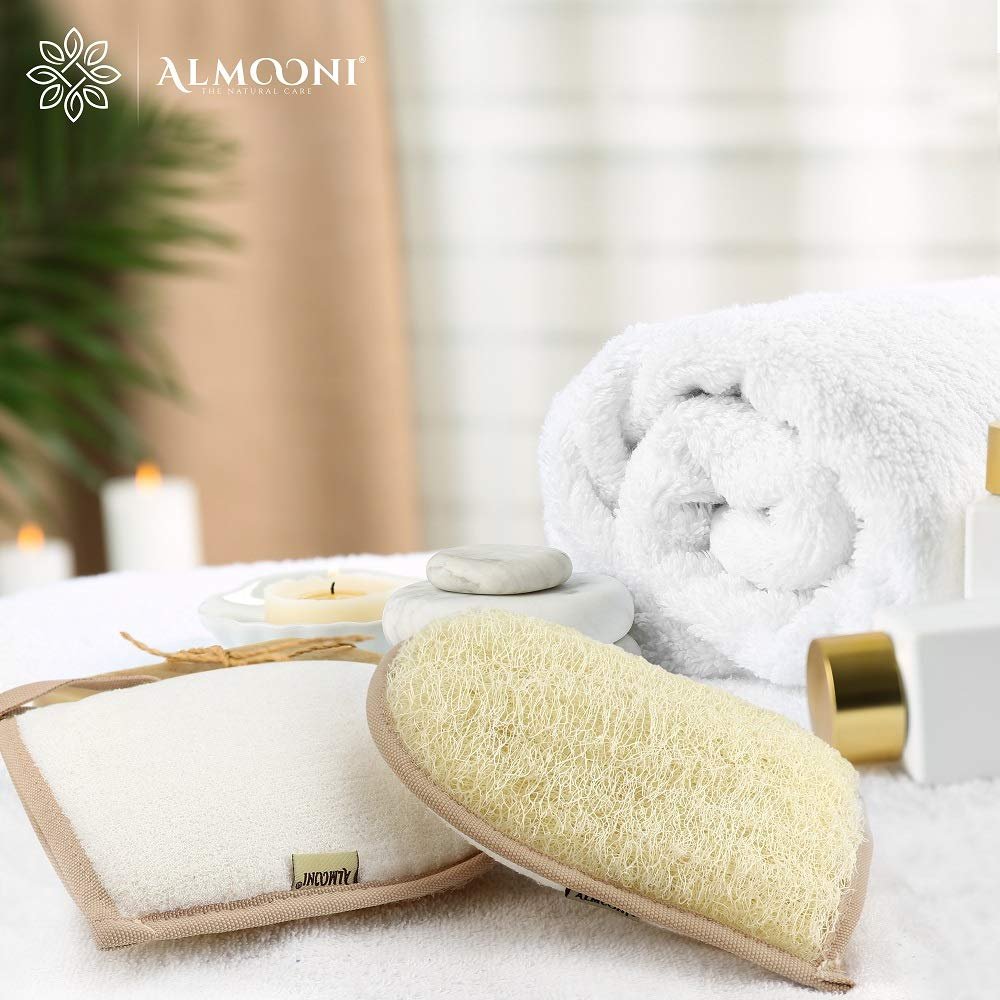 Almooni Egyptian Loofah Gloves for Women & Men – Real Natural Egyptian Loofah Mittens with Terry Cloth, Premium Exfoliating Mitt for Body Cleansing, 2-Pack Avelisse