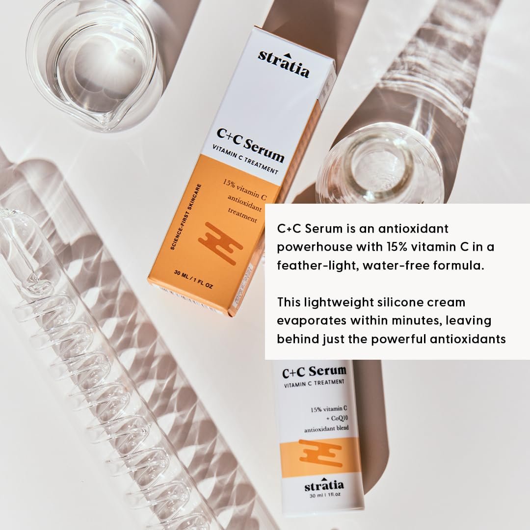 Stratia C+C Vitamin C Serum – 15% Potent Formula with 10% L-Ascorbic Acid for Bright, Even-Toned Skin – Non-Irritating, Water-Free Antioxidant Face Cream, 1 Fl Oz Avelisse