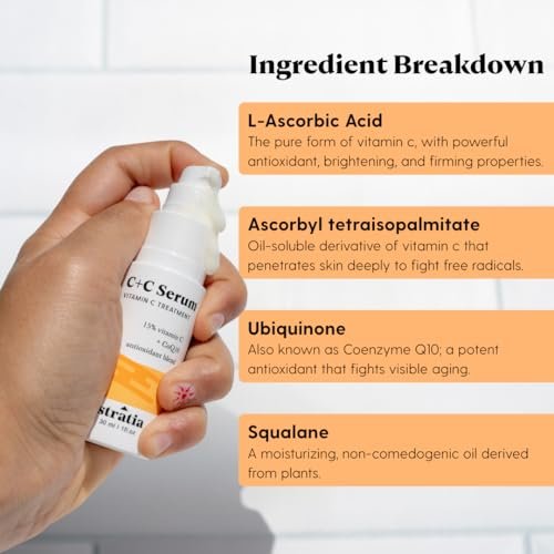 Stratia C+C Vitamin C Serum – 15% Potent Formula with 10% L-Ascorbic Acid for Bright, Even-Toned Skin – Non-Irritating, Water-Free Antioxidant Face Cream, 1 Fl Oz Avelisse
