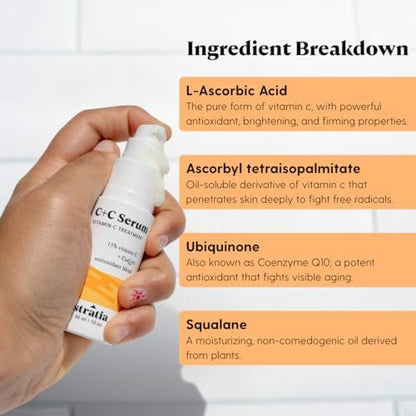 Stratia C+C Vitamin C Serum – 15% Potent Formula with 10% L-Ascorbic Acid for Bright, Even-Toned Skin – Non-Irritating, Water-Free Antioxidant Face Cream, 1 Fl Oz Avelisse