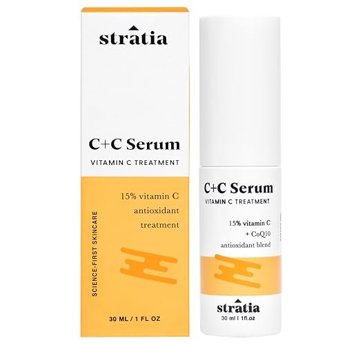 Stratia C+C Vitamin C Serum – 15% Potent Formula with 10% L-Ascorbic Acid for Bright, Even-Toned Skin – Non-Irritating, Water-Free Antioxidant Face Cream, 1 Fl Oz Avelisse