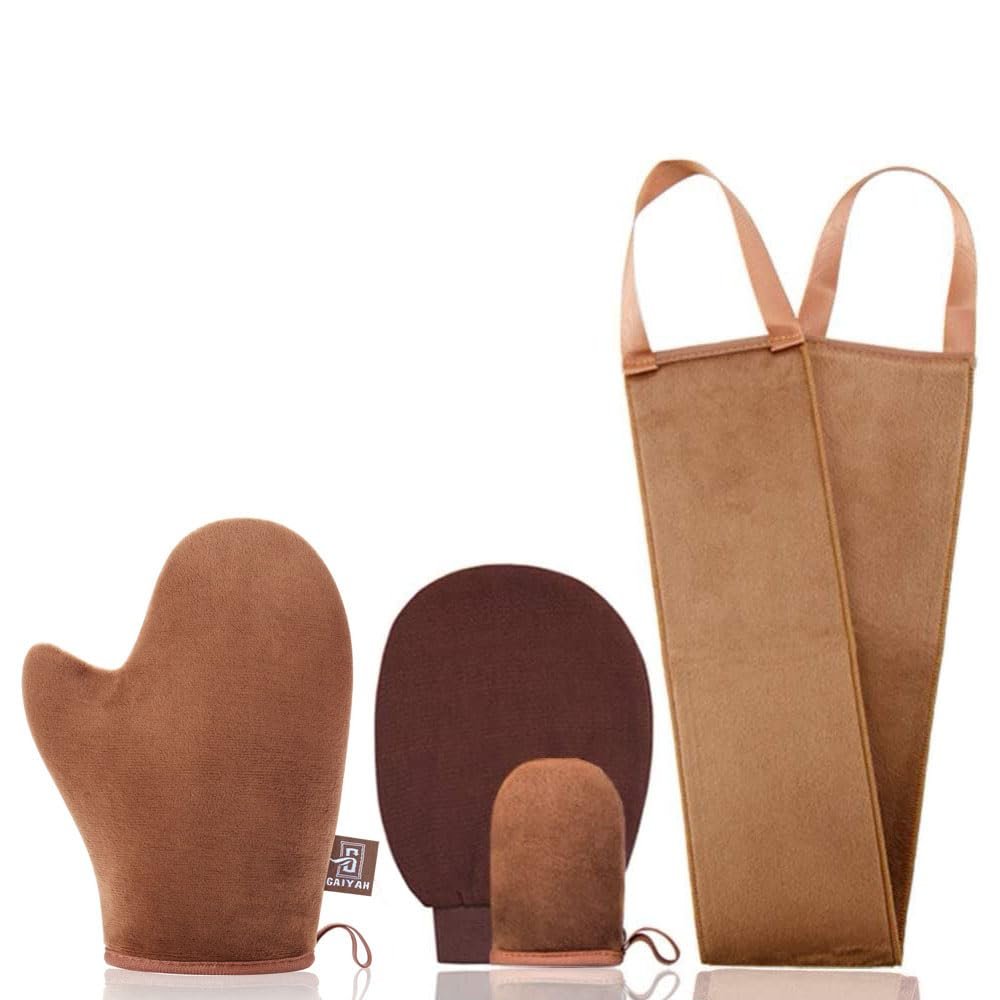 GAIYAH Self Tanning Mitt Applicator Kit - Complete Set with Back Applicator, Exfoliator Glove & Face Tanning Glove - görsel 1
