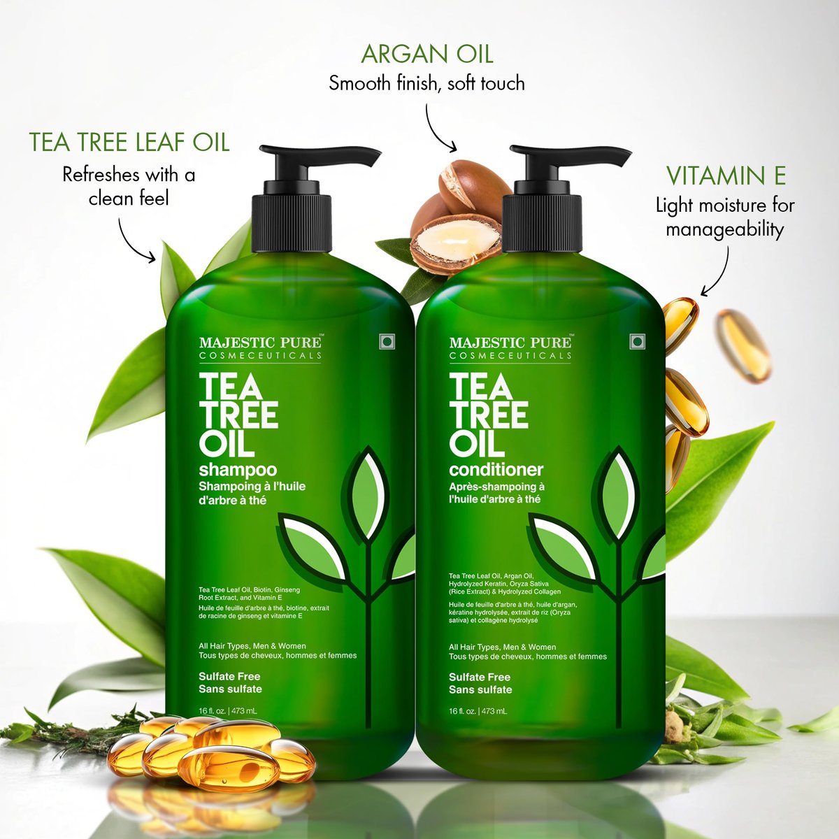 Majestic Pure Tea Tree Shampoo – Hydrating Dandruff Control for Men & Women, Sulfate Free, 16 fl oz (Pack of 2) Avelisse