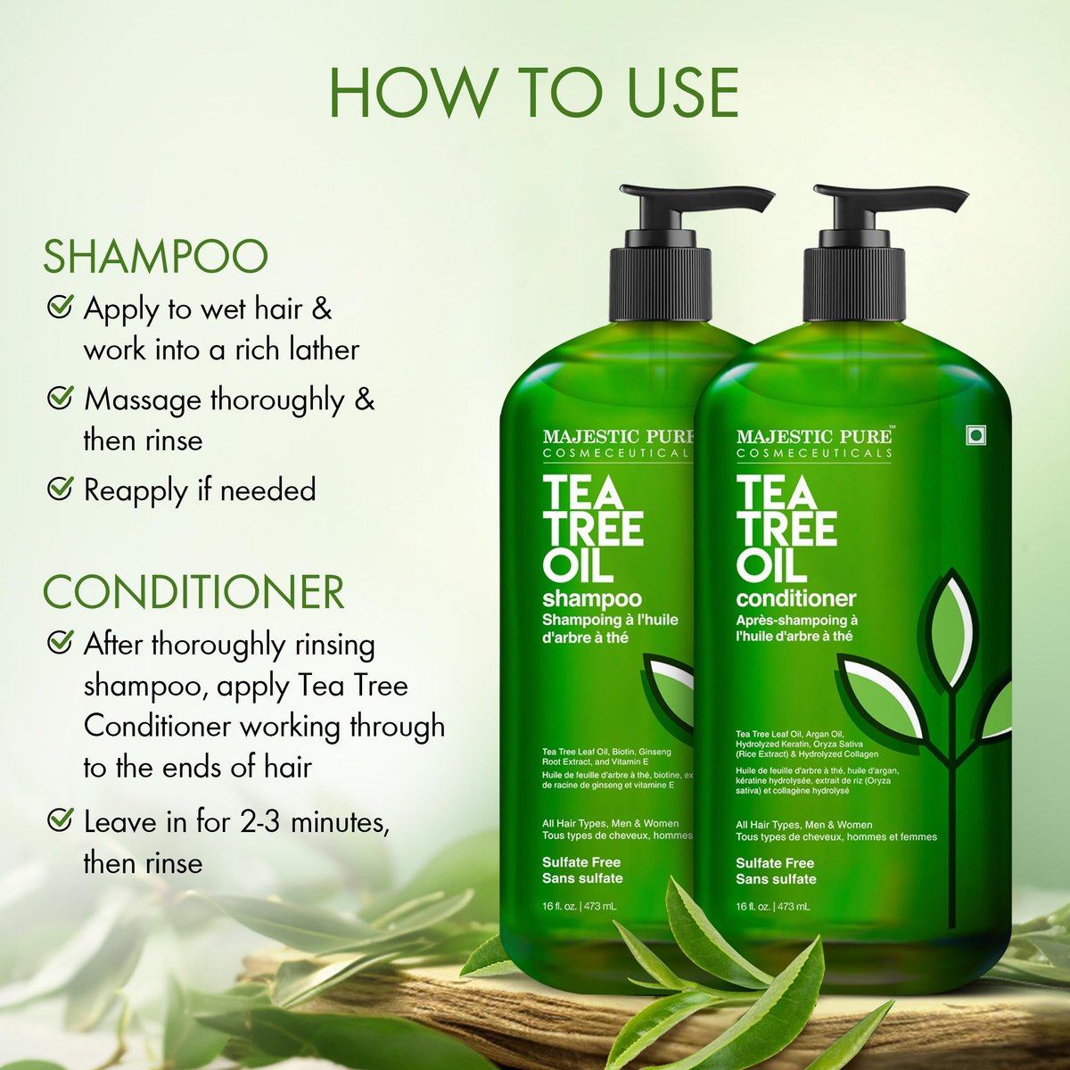 Majestic Pure Tea Tree Shampoo – Hydrating Dandruff Control for Men & Women, Sulfate Free, 16 fl oz (Pack of 2) Avelisse
