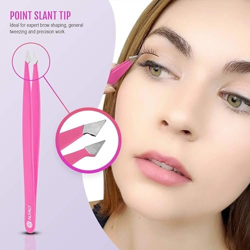 Alfaly Pink Tweezers Set - 5 Piece Stainless Steel Precision Tweezers with Case for Eyebrow Shaping, Splinter Removal & Ingrown Hair Avelisse