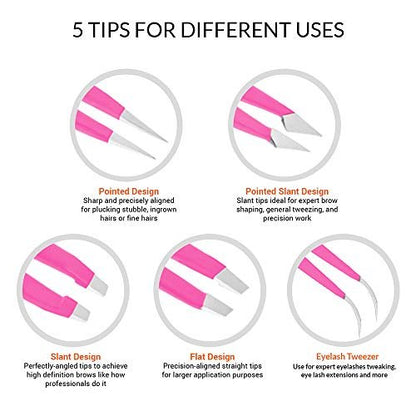 Alfaly Pink Tweezers Set - 5 Piece Stainless Steel Precision Tweezers with Case for Eyebrow Shaping, Splinter Removal & Ingrown Hair Avelisse