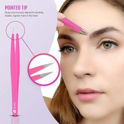 Alfaly Pink Tweezers Set - 5 Piece Stainless Steel Precision Tweezers with Case for Eyebrow Shaping, Splinter Removal & Ingrown Hair Avelisse