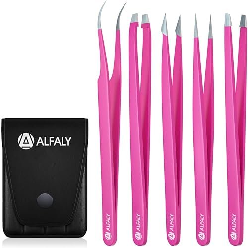 Alfaly Pink Tweezers Set - 5 Piece Stainless Steel Precision Tweezers with Case for Eyebrow Shaping, Splinter Removal & Ingrown Hair Avelisse