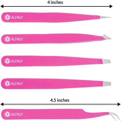 Alfaly Pink Tweezers Set - 5 Piece Stainless Steel Precision Tweezers with Case for Eyebrow Shaping, Splinter Removal & Ingrown Hair Avelisse